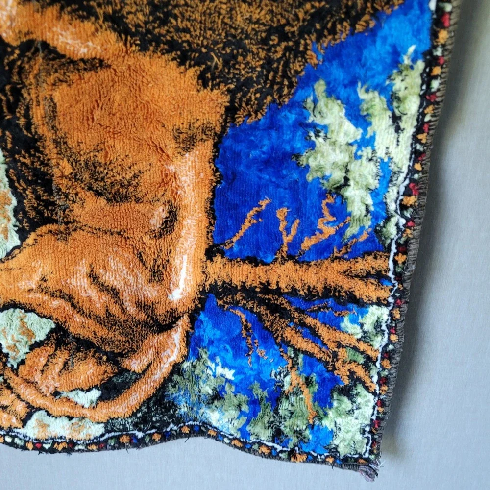Vintage 1970s Woven Lion Tapestry Wall Hanging Retro Kitsch Boho Man Cave Decor